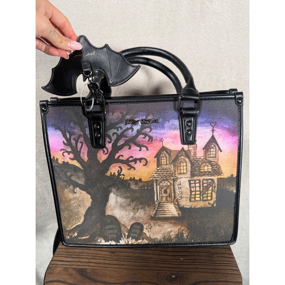 Betsey Johnson Haunted House Satchel Crossbody Bag Black Multi Halloween Bat - Picture 4 of 9